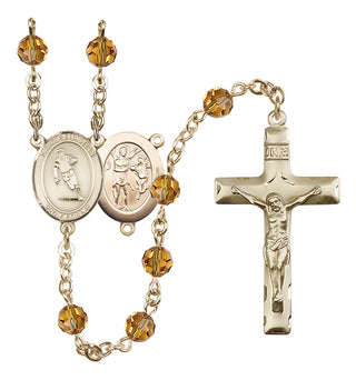 14 Karat Gold 6mm Austrian Crystal Saint Sebastian / Rugby Rosary in Topaz