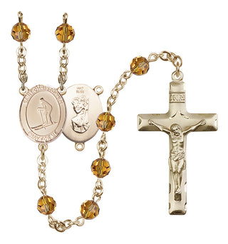 14 Karat Gold 6mm Austrian Crystal Saint Christopher / Skiing Rosary in Topaz