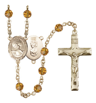 14 Karat Gold 6mm Austrian Crystal Saint Christopher/Water Polo Women Rosary in Topaz