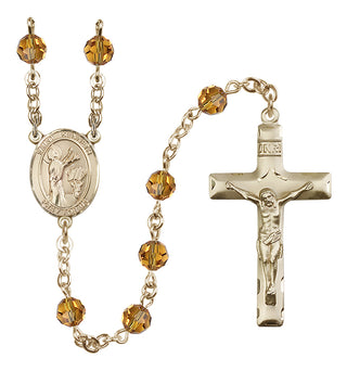 14 Karat Gold 6mm Austrian Crystal Saint Kenneth Rosary in Topaz