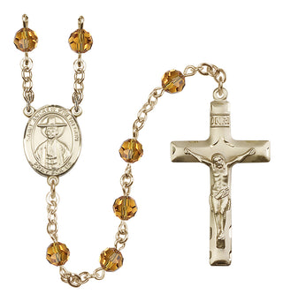 14 Karat Gold 6mm Austrian Crystal Saint Andrew Kim Taegon Rosary in Topaz