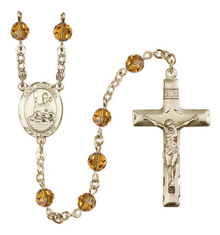 14 Karat Gold 6mm Austrian Crystal Saint Honorius of Amiens Rosary in Topaz