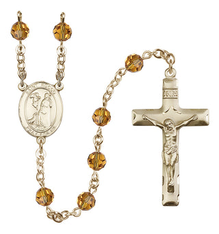 14 Karat Gold 6mm Austrian Crystal Saint Rocco Rosary in Topaz