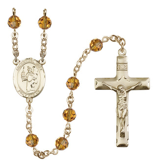 14 Karat Gold 6mm Austrian Crystal Saint Uriel the Archangel Rosary in Topaz