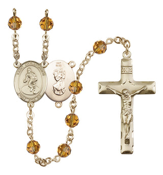 14 Karat Gold 6mm Austrian Crystal Saint Christopher/Wrestling Rosary in Topaz