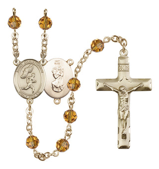 14 Karat Gold 6mm Austrian Crystal Saint Christopher/Track&Field-Men Rosary in Topaz