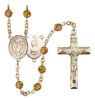 14 Karat Gold 6mm Austrian Crystal Saint Christopher/Lacrosse Rosary in Topaz