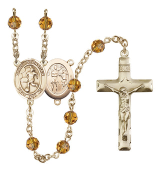 14 Karat Gold 6mm Austrian Crystal Saint Sebastian/Soccer-Women Rosary in Topaz