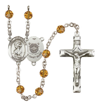 Sterling Silver 6mm Austrian Crystal Saint Christopher / Coast Guard Rosary in Topaz