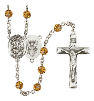 Sterling Silver 6mm Austrian Crystal Saint George / Navy Rosary in Topaz