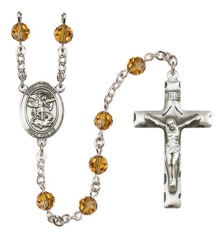Sterling Silver 6mm Austrian Crystal Saint Michael the Archangel Rosary in Topaz