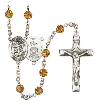 Sterling Silver 6mm Austrian Crystal Saint Michael / Air Force Rosary in Topaz