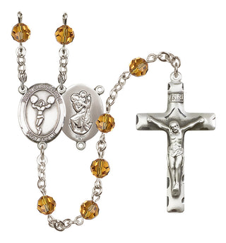 Sterling Silver 6mm Austrian Crystal Saint Christopher/Cheerleading Rosary in Topaz