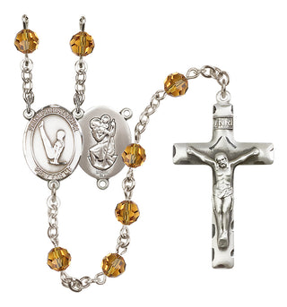 Sterling Silver 6mm Austrian Crystal Saint Christopher/Gymnastics Rosary in Topaz