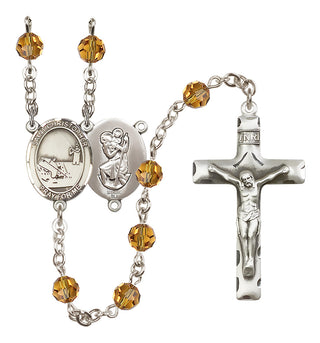 Sterling Silver 6mm Austrian Crystal Saint Christopher / Fishing Rosary in Topaz