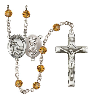 Sterling Silver 6mm Austrian Crystal Saint Christopher / Football Rosary in Topaz