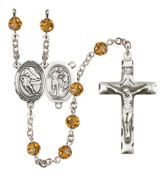 Sterling Silver 6mm Austrian Crystal Saint Sebastian / Hockey Rosary in Topaz
