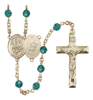 14 Karat Gold-Filled 6mm Austrian Crystal Saint George / Navy Rosary in Zircon