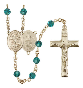 14 Karat Gold-Filled 6mm Austrian Crystal Saint Michael / Air Force Rosary in Zircon