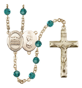 14 Karat Gold 6mm Austrian Crystal Saint Christopher/Swimming Rosary in Zircon