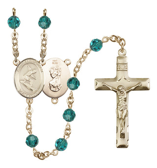 14 Karat Gold 6mm Austrian Crystal Saint Christopher/Surfing Rosary in Zircon
