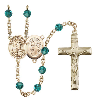 14 Karat Gold 6mm Austrian Crystal Saint Sebastian/Soccer-Women Rosary in Zircon