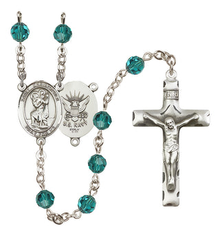 Sterling Silver 6mm Austrian Crystal Saint Christopher / Navy Rosary in Zircon