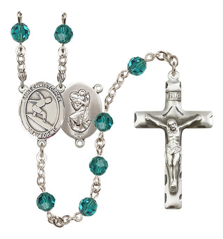 Sterling Silver 6mm Austrian Crystal Saint Christopher/Surfing Rosary in Zircon