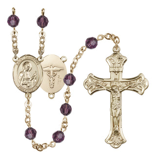 14 Karat Gold-Filled 6mm Austrian Crystal Saint Camillus of Lellis / Nurse Rosary in Amethyst
