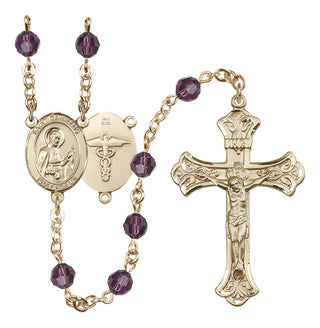 14 Karat Gold 6mm Austrian Crystal Saint Camillus of Lellis / Nurse Rosary in Amethyst