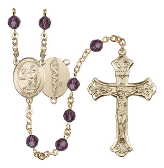 14 Karat Gold 6mm Austrian Crystal Saint Luke the Apostle / Doctor Rosary in Amethyst