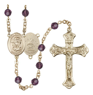 14 Karat Gold 6mm Austrian Crystal Saint Michael / Air Force Rosary in Amethyst