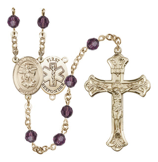 14 Karat Gold 6mm Austrian Crystal Saint Michael/1St Responder Rosary in Amethyst