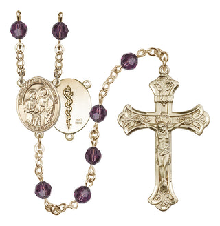 14 Karat Gold 6mm Austrian Crystal Saints Cosmas & Damian / Doctors Rosary in Amethyst