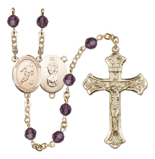 14 Karat Gold 6mm Austrian Crystal Saint Christopher/Soccer Rosary in Amethyst
