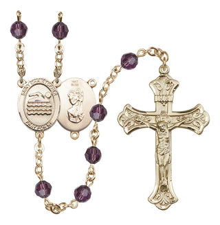 14 Karat Gold 6mm Austrian Crystal Saint Christopher/Swimming Rosary in Amethyst