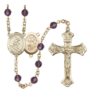 14 Karat Gold 6mm Austrian Crystal Saint Sebastian/Surfing Rosary in Amethyst