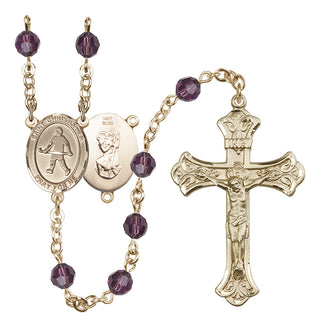 14 Karat Gold 6mm Austrian Crystal Saint Christopher / Field Hockey Rosary in Amethyst