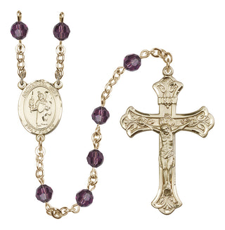 14 Karat Gold 6mm Austrian Crystal Saint Uriel the Archangel Rosary in Amethyst