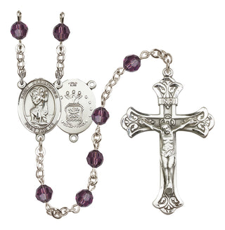 Sterling Silver 6mm Austrian Crystal Saint Christopher / Air Force Rosary in Amethyst