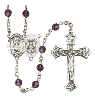 Sterling Silver 6mm Austrian Crystal Saint Christopher / Navy Rosary in Amethyst