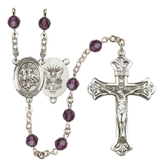 Sterling Silver 6mm Austrian Crystal Saint George / Navy Rosary in Amethyst