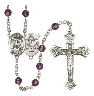 Sterling Silver 6mm Austrian Crystal Saint Michael / EMT Rosary in Amethyst