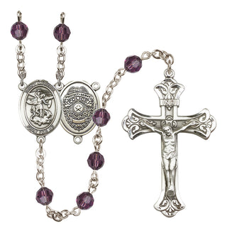 Sterling Silver 6mm Austrian Crystal Saint Michael the Archangel/Policeman Rosary in Amethyst