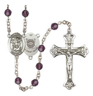 Sterling Silver 6mm Austrian Crystal Saint Michael / Coast Guard Rosary in Amethyst