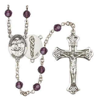 Sterling Silver 6mm Austrian Crystal Saints Cosmas & Damian / Doctors Rosary in Amethyst