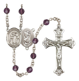 Sterling Silver 6mm Austrian Crystal Saint Christopher/Wrestling Rosary in Amethyst