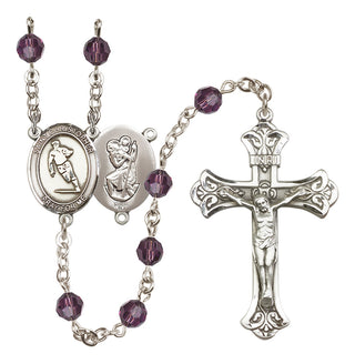 Sterling Silver 6mm Austrian Crystal Saint Christopher / Rugby Rosary in Amethyst