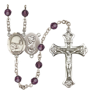 Sterling Silver 6mm Austrian Crystal Saint Christopher / Fishing Rosary in Amethyst