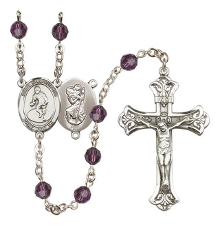 Sterling Silver 6mm Austrian Crystal Saint Christopher/Wrestling Rosary in Amethyst
